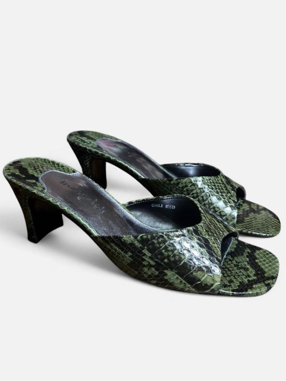 Y2K Marquise Green Snake Print Mules